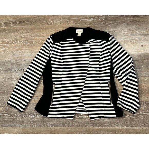 Chico's 1 Sz M Black Striped Moto Jacket Blocked Ponte Knit Tuxedo Blazer - Picture 3 of 15